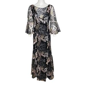 Belle Badgley Mischka Aileen Black Orchid Ballgown Embroidered Maxi Dress Size 8